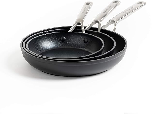 KitchenAid Forged Hardened 3-layer German Engineered, Non-Stick 20 cm, 24 cm and 28 cm Frying Pan Set, Stainless Steel Handle, Induction, Oven Safe,Black