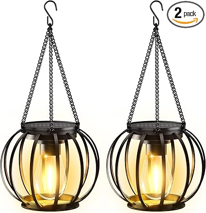 KOOPER Solar Lanterns Outdoor Waterproof, Upgraded Metal Hanging Solar Lights Outdoor Lanterns, Brighter Auto On/Off Outdoor Hanging Lantern for Yard Patio Pathway Porch Garden Decor 2 Pack