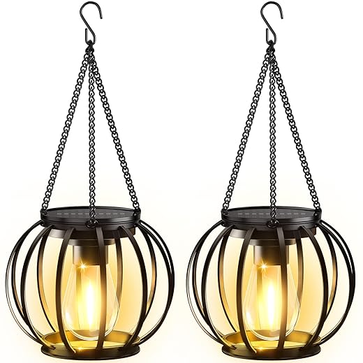 KOOPER Solar Lanterns Outdoor Waterproof, Upgraded Metal Hanging Solar Lights Outdoor Lanterns, Brighter Auto On/Off Outdoor Hanging Lantern for Yard Patio Pathway Porch Garden Decor 2 Pack