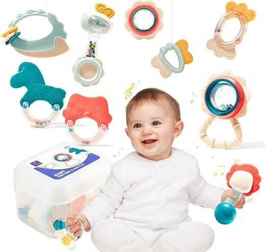 hahaland Coffret de 10 Hochets et Anneaux de Dentition d'Éveil Sensoriel