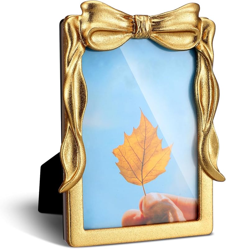 Bow Picture Frame Vintage Baroque Photo Frame, Classic, Gold 5" x 7" | Resin Rectangle Retro Photo Frames, with Glass Front Bowknot, for Home Wedding Tabletop and Wall Hanging Decor