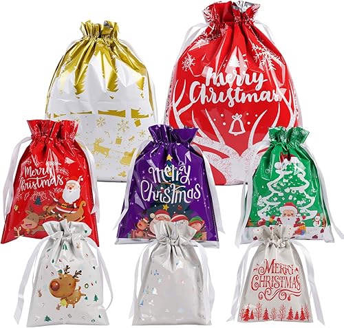 Miniatura 2 de Lyforpyton 24 bolsas de regalo de Navidad con cordón, bolsas de papel de aluminio para regalos de Navidad, recuerdos de fiesta (4 tamaños, 8 diseños)