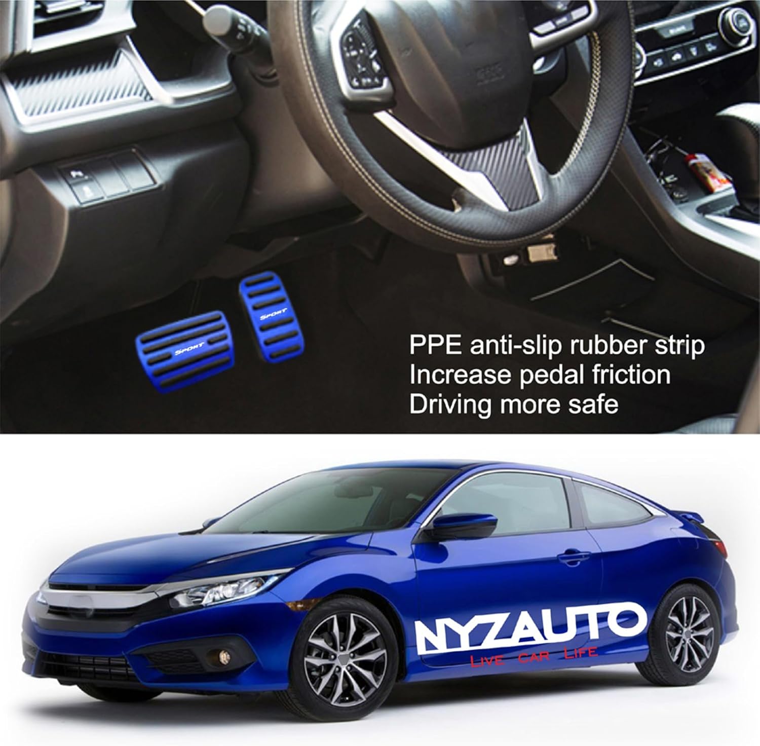 Anti-Slip Performance Foot Pedal Pads Compatible with Honda 10/11th gen Civic,Auto No Drilling Aluminum Brake and Accelerator Pedal Covers Blue