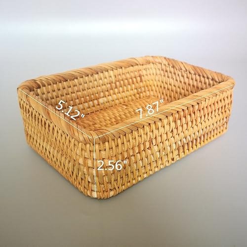 Miniatura 3 de Caja de frutas de mimbre rectangular hecha a mano, bandeja de ratán, organizador de revistas y objetos pequeños, cesta para servir (pequeña)