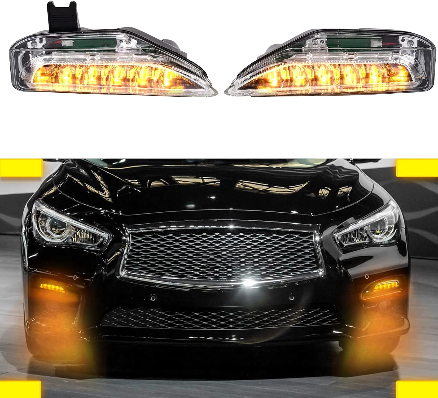 LED Fog Lights fit for Infiniti Q50 Q50S Sport 2014-2020,Front Bumper LED Fog Light Replacement Amber/Yellow &White Lighting,Smoked Lens Assembly DRL Day Time Running Fog Light,Flasing Style