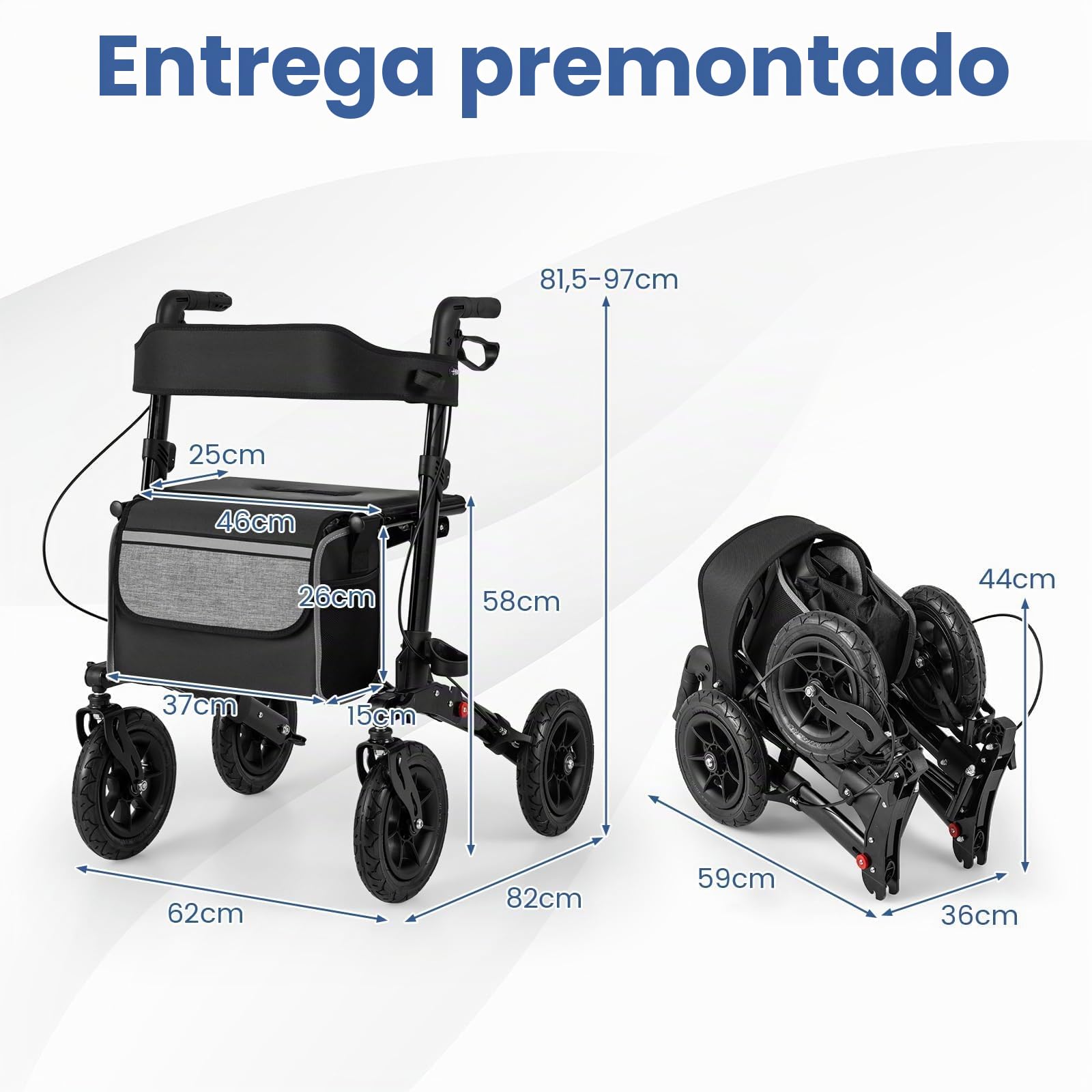FANTASK Andador de viaje 2 en 1 para silla de ruedas y de viaje, color negro con sistema de ajuste de altura, andador de aluminio con diseño plegable, silla de ruedas con bolsa y soporte para bastones