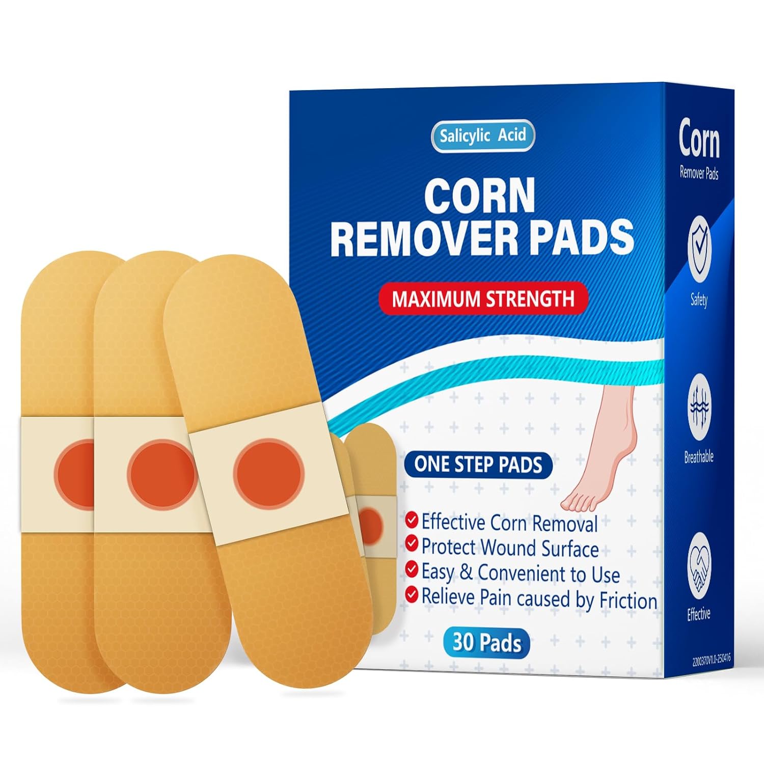 QIYANA Maximum Strength Corn Remover Pads for Toes - 40% Salicylic Acid Medicated Patches for Feet, Breathable All-Day Wear, Fast-Acting Hard Skin Treatment (30 Count) - 1BQ