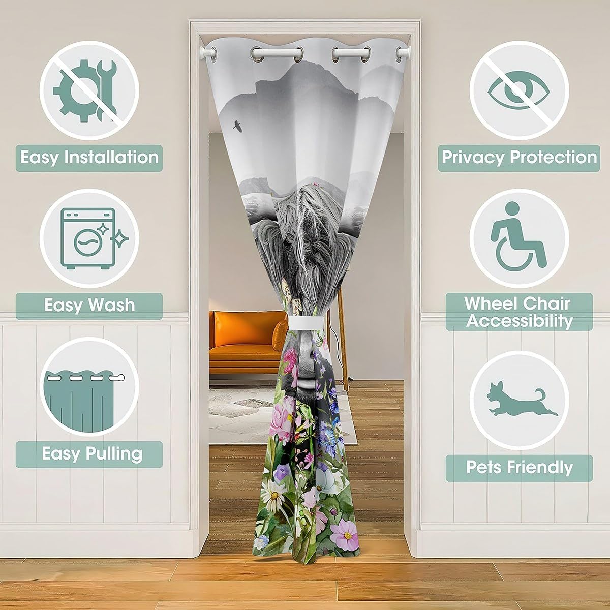 Castle Fairy Highland Cow Doorway Curtain Gift,Watercolor Flowers Cow Fur Door Curtain Bedroom Decor,Plants Western Farm Animals Blackout Curtain 1 Panel 34" W X 80" L image 4