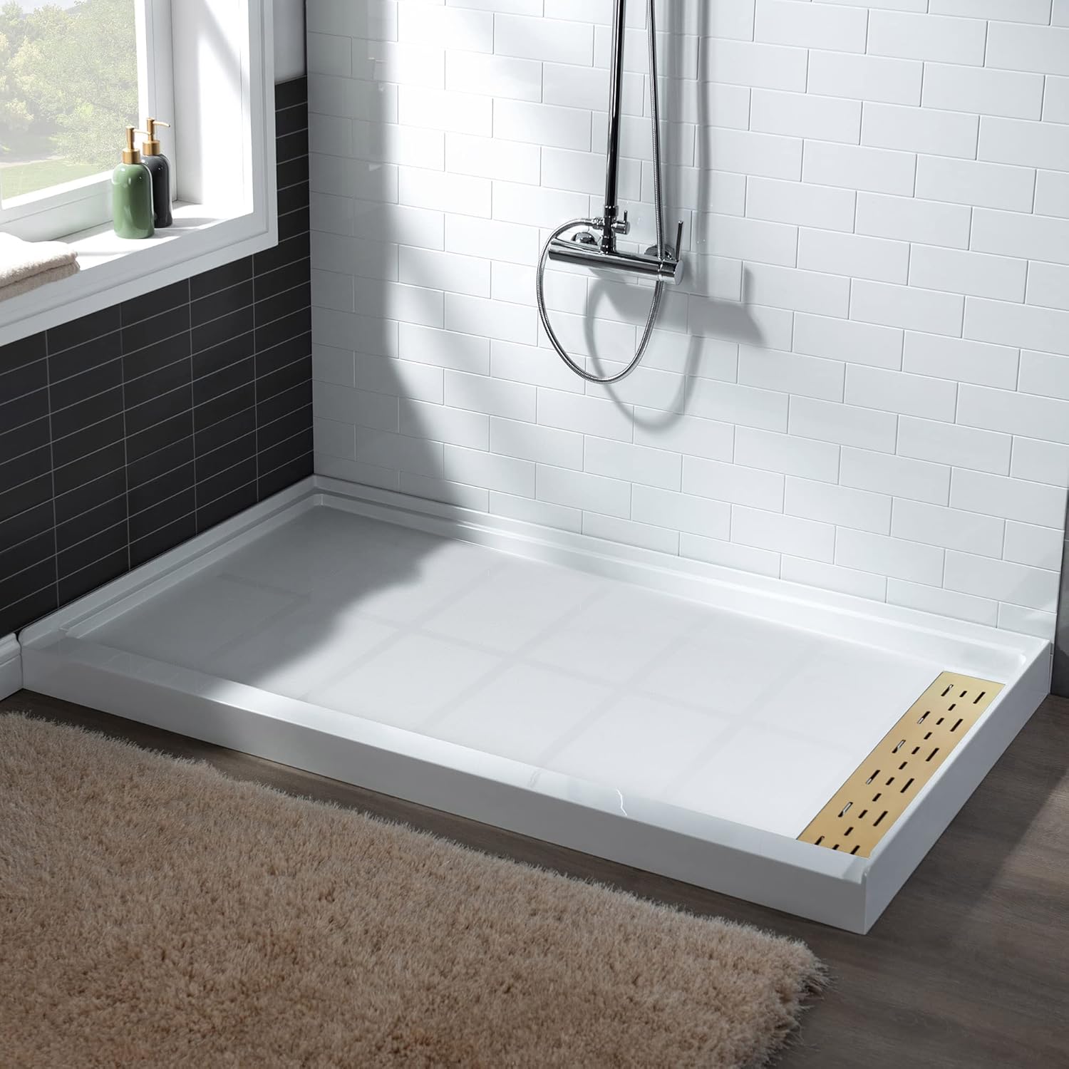 WOODBRIDGE Solid Surface Shower Base with Recessed Trench Side Including White with Brushed Gold Cover Linear Drain Cover L x W x H, 60"L x 32"Wx 4"H,Right Drain,White Color