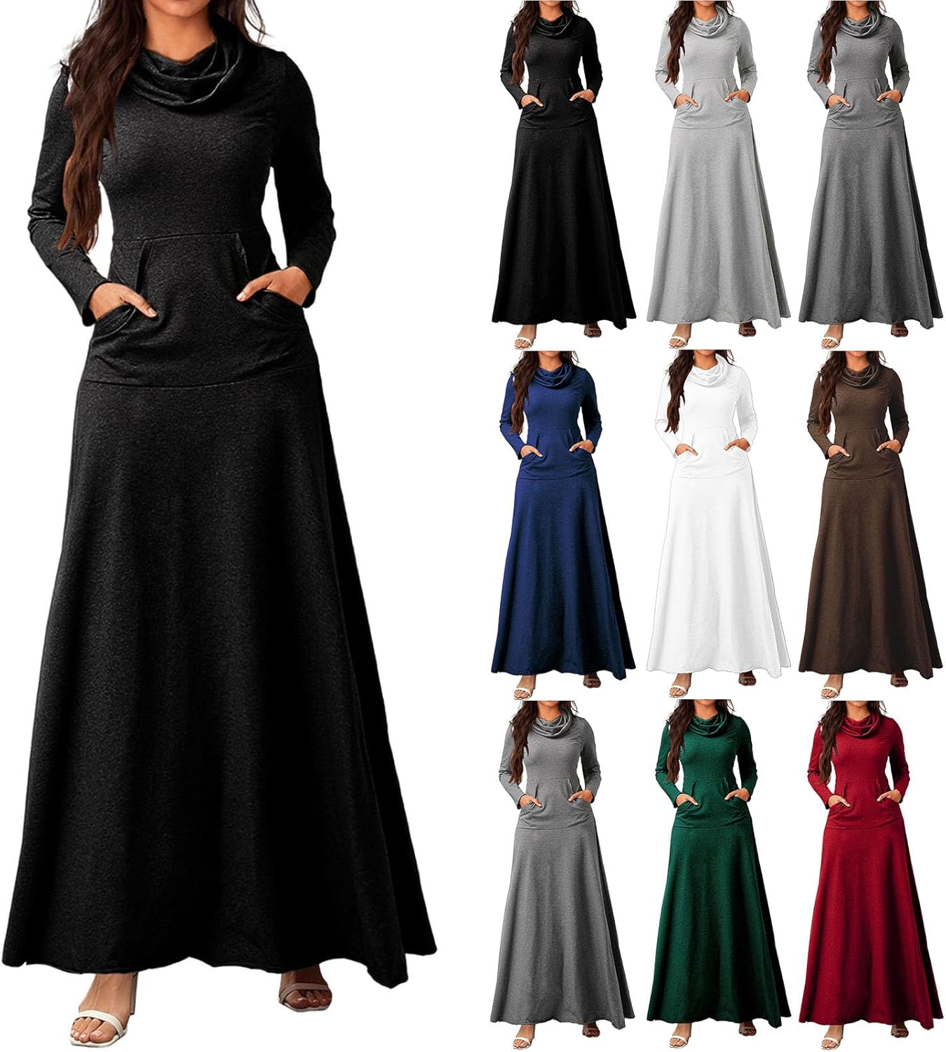 JSLOOO Womens Turtleneck Cowl Neck Dresses Casual A Line Swing Long Sleeve Dress Plus Size Tunic Sweatshirt with Pockets - Image 3