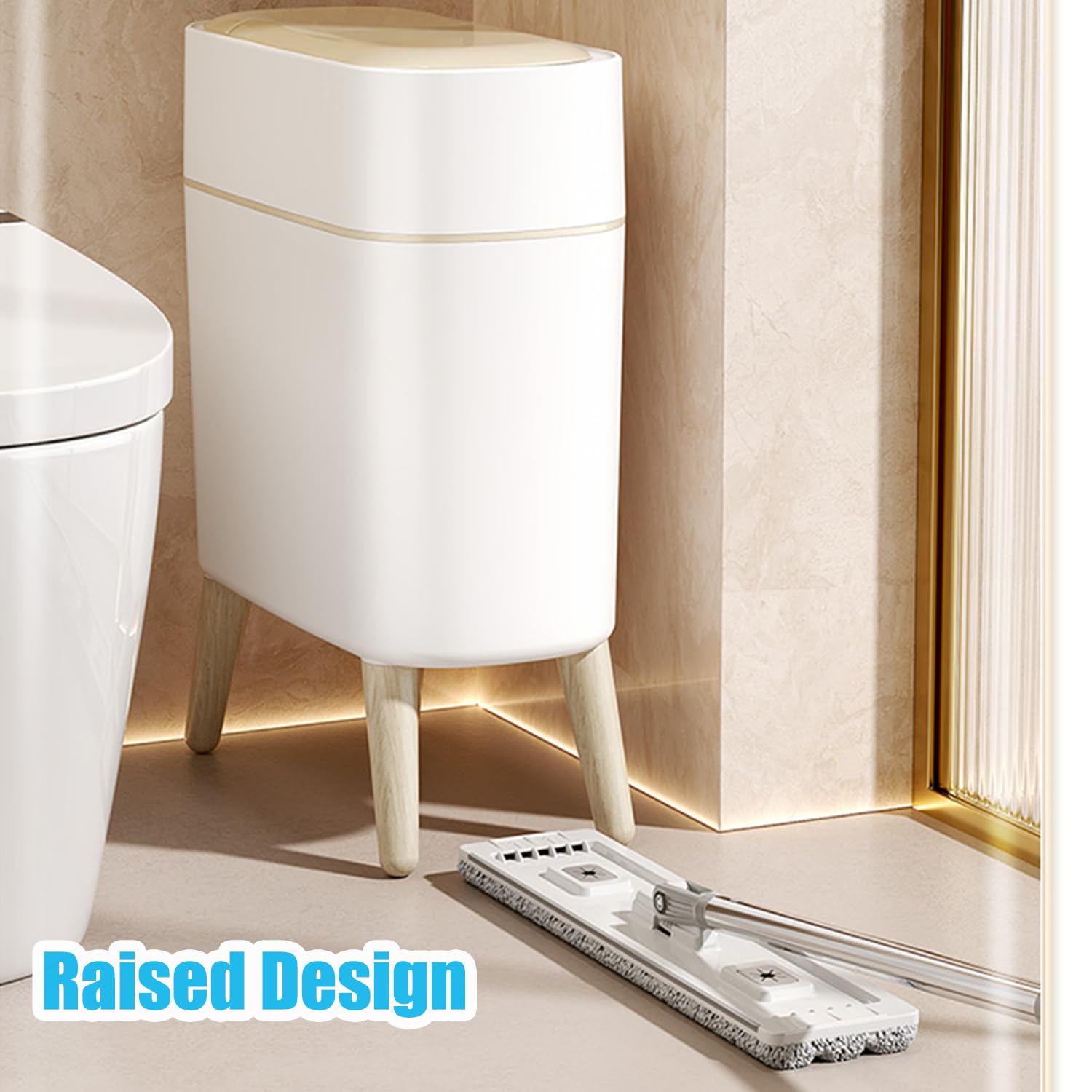Yatmung 2 Pack - Motion Sensor Trash Can with Lid Slim Smart Garbage Can - Waste Basket for Bedroom, Office, Kitchen, Living Room - Automatic Trash Can Bathroom Touchless - White with Wooden Legs