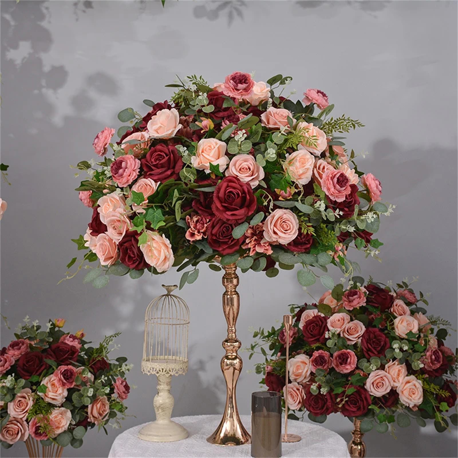 Lucky Flower Red/Green Wine Rose Leaves Arrangement Floral Outdoor Wedding Backdrop Flower Arch Frame Decor Event Centerpiece Ball Party Props (40Cm)