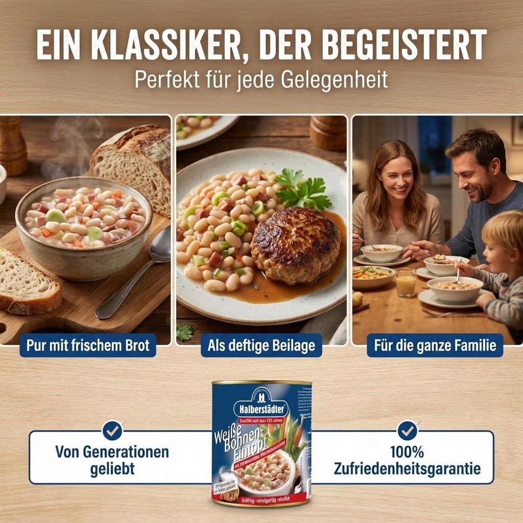 Halberstädter 12x Weiße Bohnen-Eintopf in herzhafter Fleischbrühe eingekocht mit Kartoffeln, Gemüse & original Halberstädter Würstchen