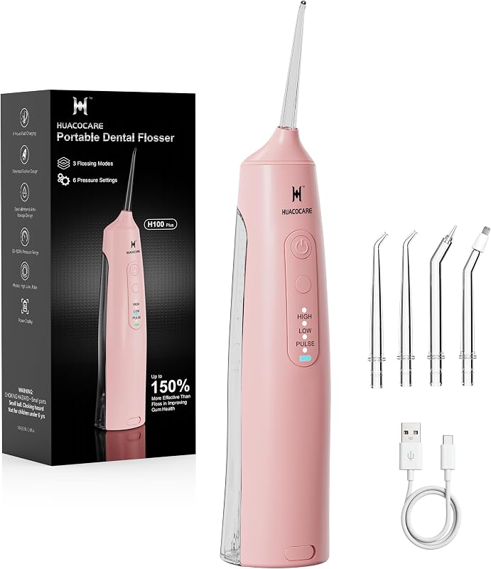 Irrigador bucal inalámbrico, 6 ajustes de presión con 3 modos, diseño ergonómico compacto de 220 ml, batería de 30 días de duración, irrigador bucal portátil impermeable IPX7 para dientes, encías y aparatos ortopédicos (rosa)