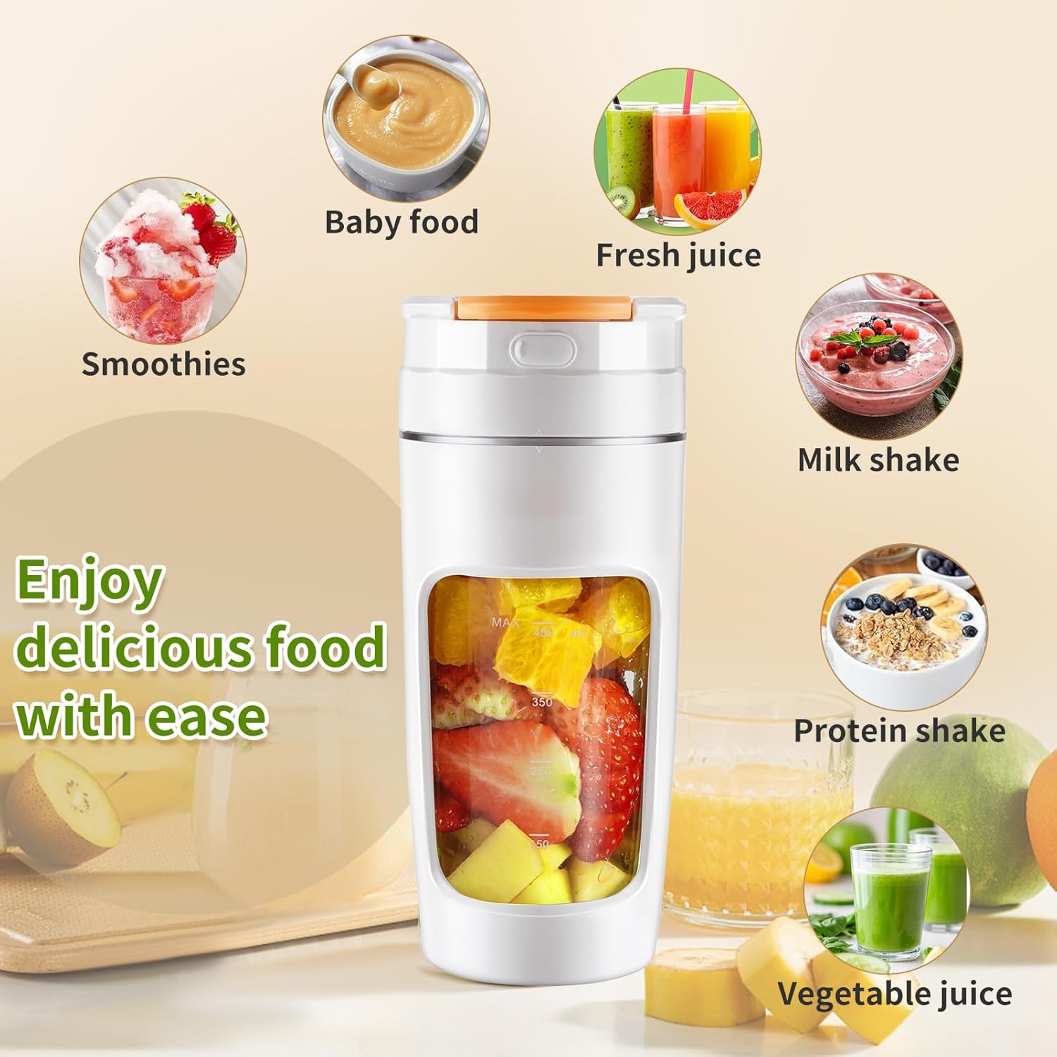 Slim Portable Blender Cup, 20oz (600ml) Personal Travel Juicer with Leakproof Lid, USB-C Rechargeable Licuadora Portatil for Smoothies and Shakes, Auto-Cleaning(white)