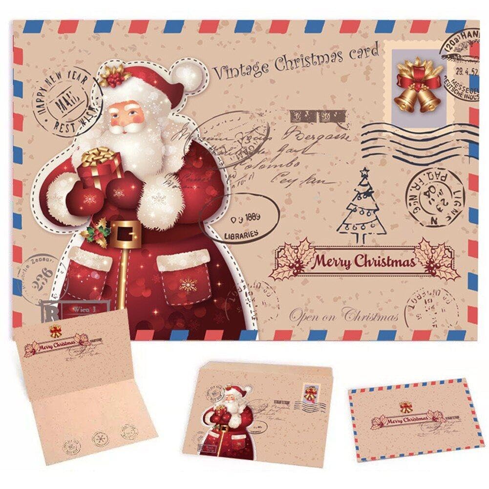Sanfly Santa Festive Holiday Cards Kraft Paper 10 Sets Merry Christmas Greeting Cards with Envelopes Blessing Cards Envelopes
