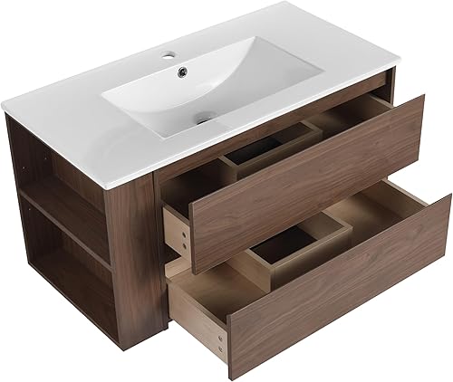 Miniatura 6 de Yoluckea Juego de tocador de baño de 36 pulgadas con lavabo de cerámica montado en la pared, moderno juego de tocador de baño con 2 cajones y