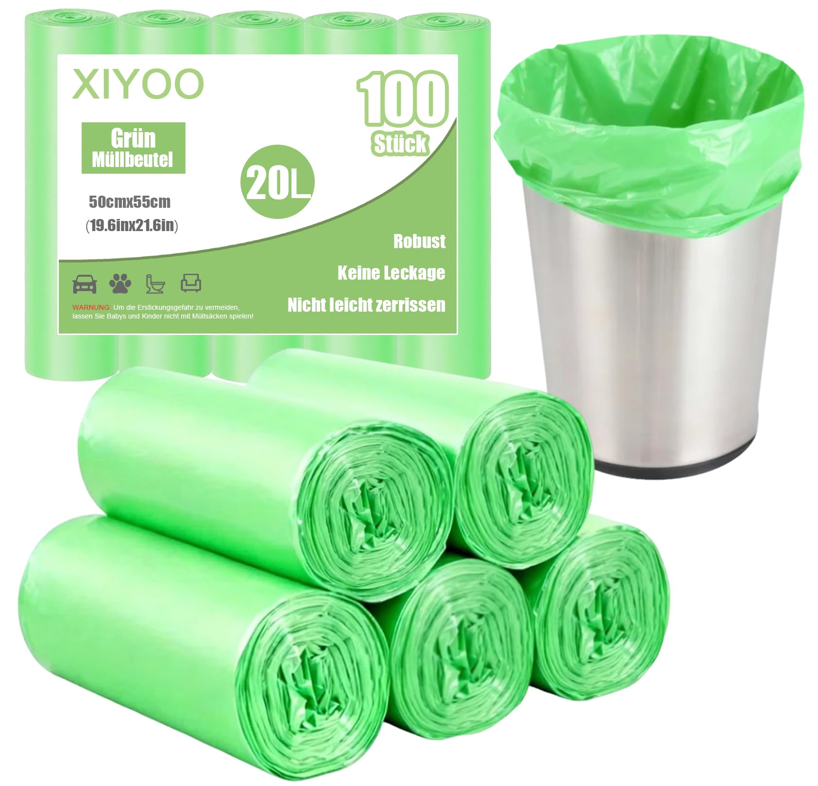 XIYOO Biomüllbeutel 20L Müllsäcke 100 Stück Grün Abfallbeutel Reißfest Mülltüten,Geeignet für Badezimmer,Küche,Büro
