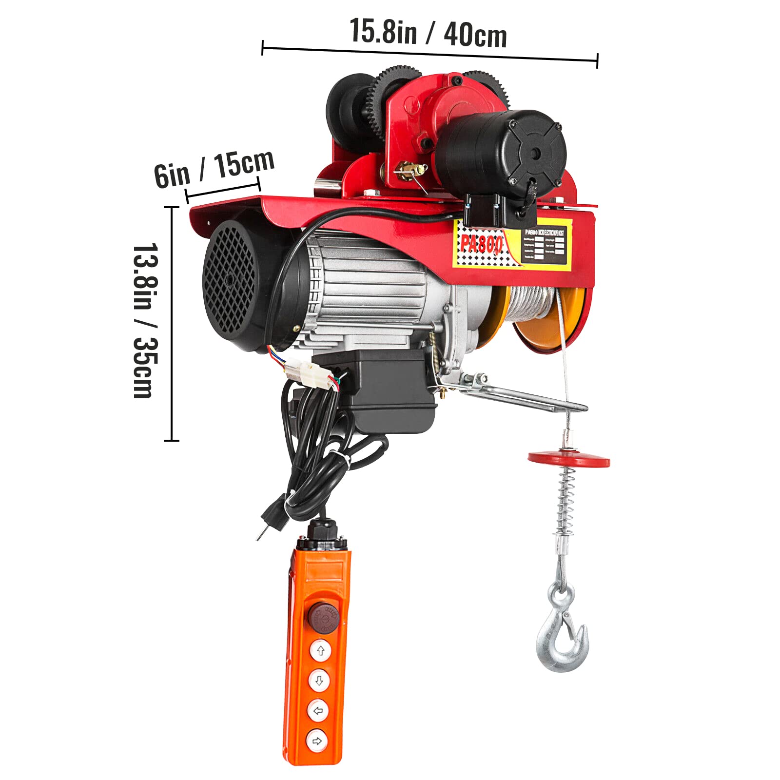 VEVOR Polipasto Eléctrico Motor de 1300 W Capacidad de 800 kg, Montacargas con Carretilla Eléctrica Cable de 12 m, Alambre de Acero Antirrotación de Alta Seguridad, Palanca de Elevación para Garaje