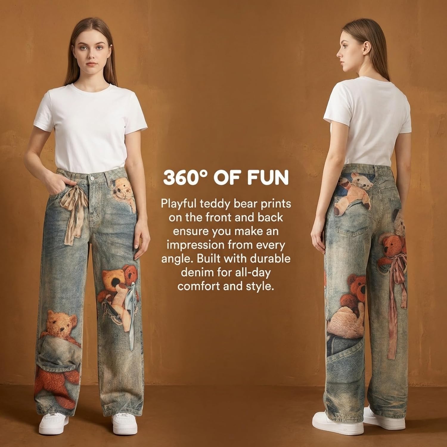 Womens Wide Leg Jeans High Waist Vintage Wash Novelty Graphic Print Denim Pants