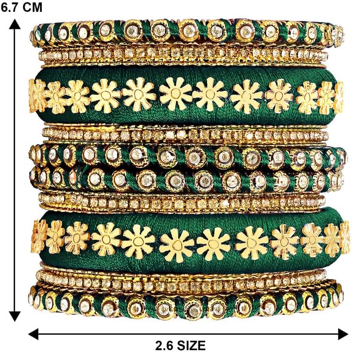 Aheli Synthetic Stone Studded 2.6 Inch Dark Green Silk Thread Bangles Set Ethnic Fashion Jewellery Gift for Women - Image 3