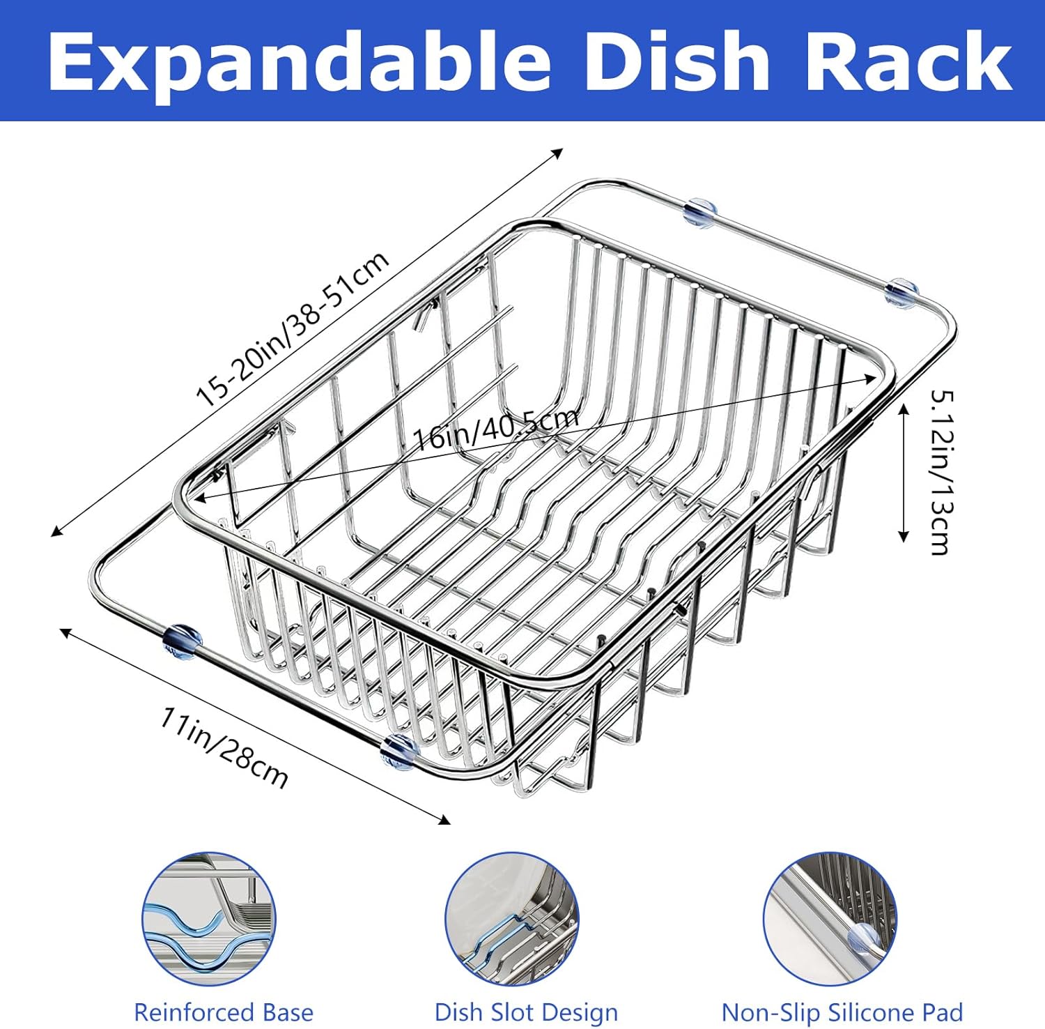 COVRA in-Sink Stainless Steel Dish Drying Rack with Bowl Holder, Expandable Sink Organizer, 15 x 11 x 5 inch, Suitable for Fruits, Vegetables, and Dishes