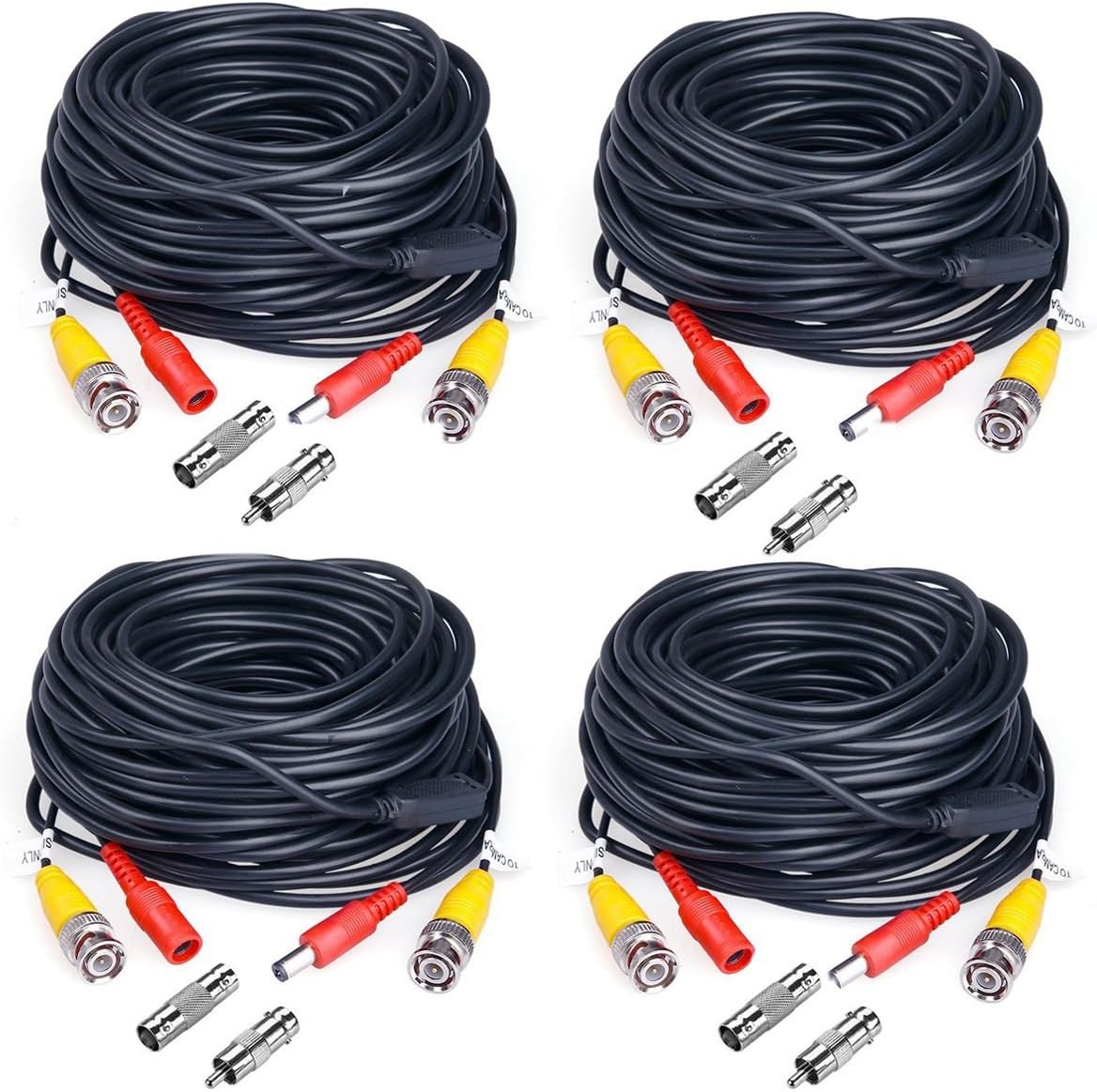 JZTEK 4 Pack 60ft BNC Video Exension Power Cable Cord Pre-Made All-in-One Coaxial Cable with 8pcs BNC to RCA Connectors for DVR Video Camera Security System Wire(Black)