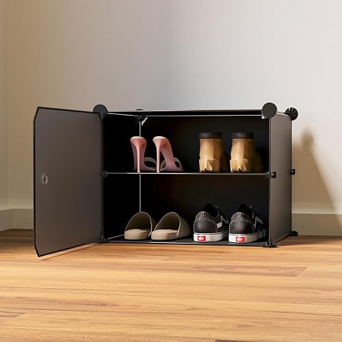 BOXJOY 2 Shelf 1 Door DIY Multipurpose Plastic Shoe Rack for Home (Black Rack, Black Door)