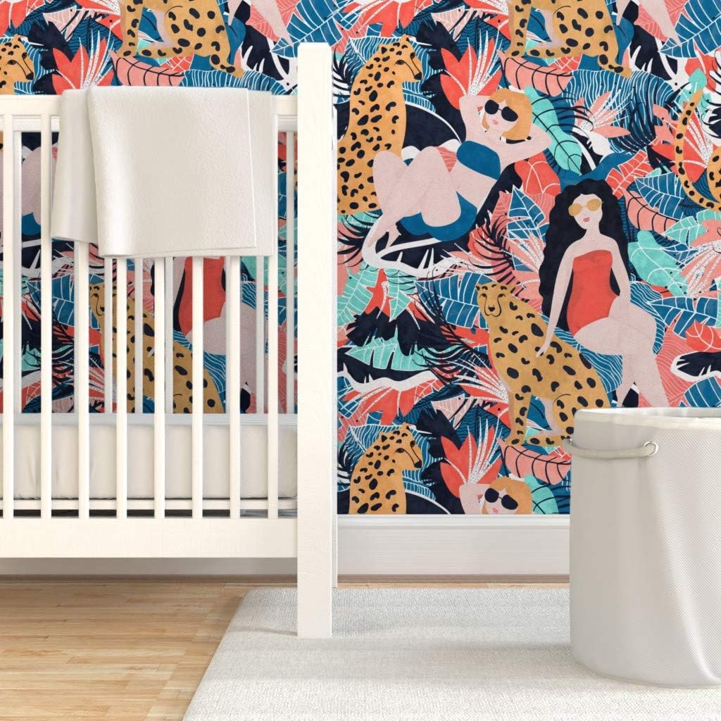 Uр Tо 60% оƒƒ Removable Wallpaper 9ft x 2ft - Tropical Girl Cheetah Woman Animals Cat Leaf Palm Jungle Custom Pre-Pasted Wallpaper by Spoonflower