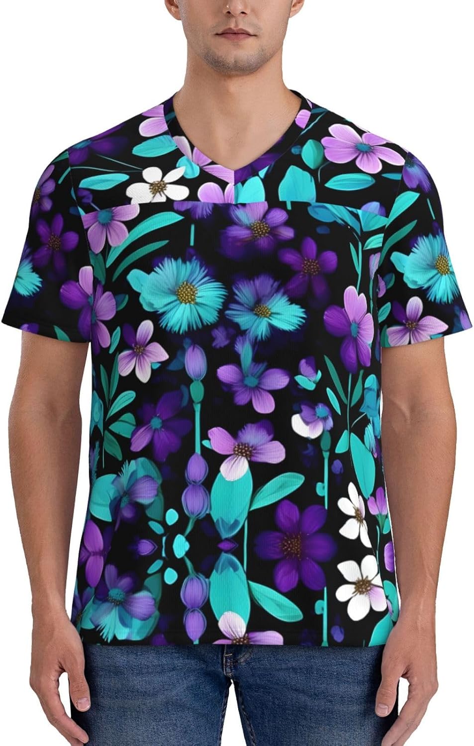 Purple and Teal Flower Rugby Football Jersey for Men, Comfortable V-Neck Loose Fit Top for Team Sports Athletics