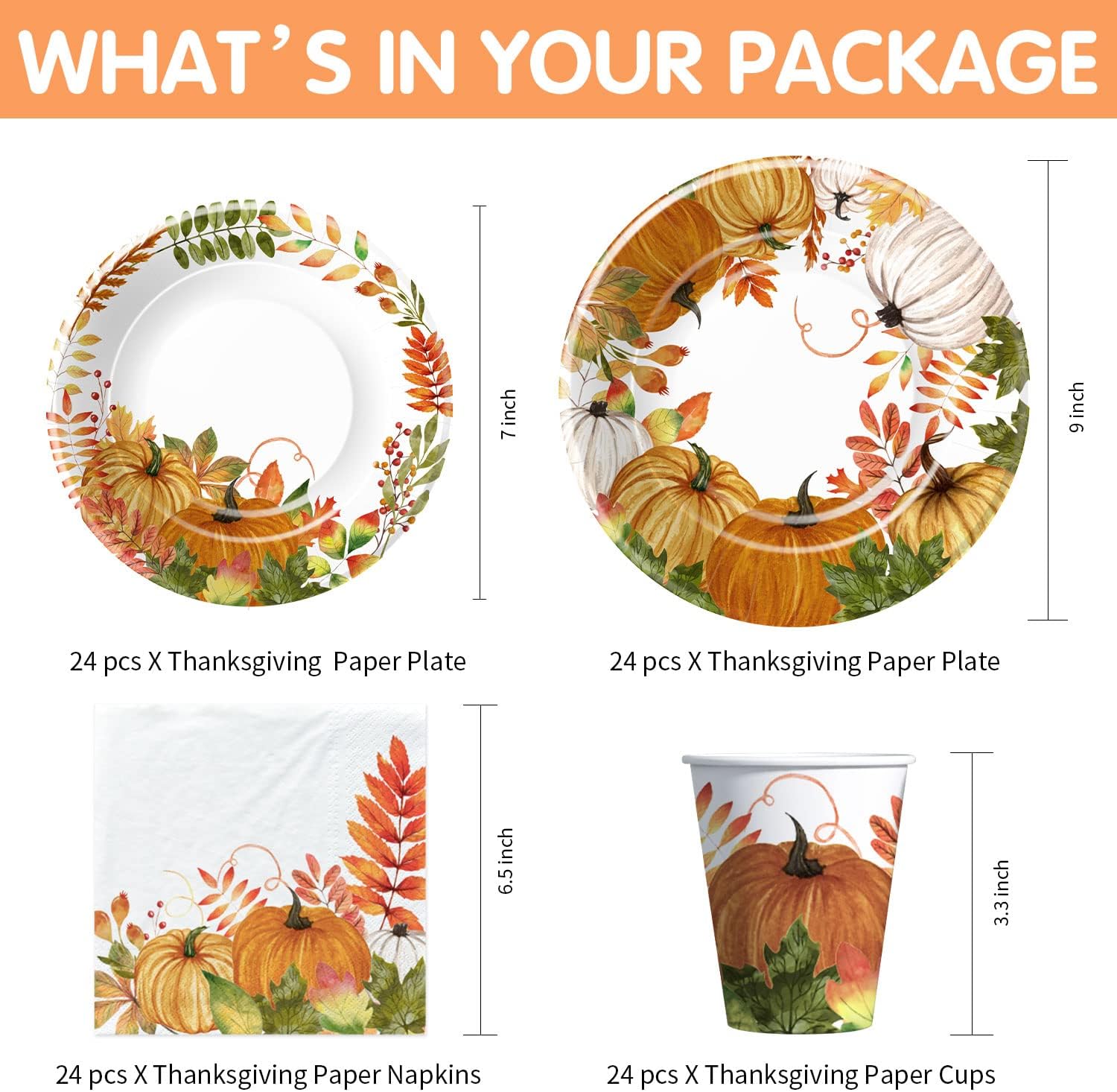 Thanksgiving Party Decorations Tableware, Fall Autumn Leaves Pumpkin Theme Thanksgiving Paper Plates and Napkins Party Supplies, Plate, Cup, Napkin, Tablecloth, Disposable Cutlery, Serves 24