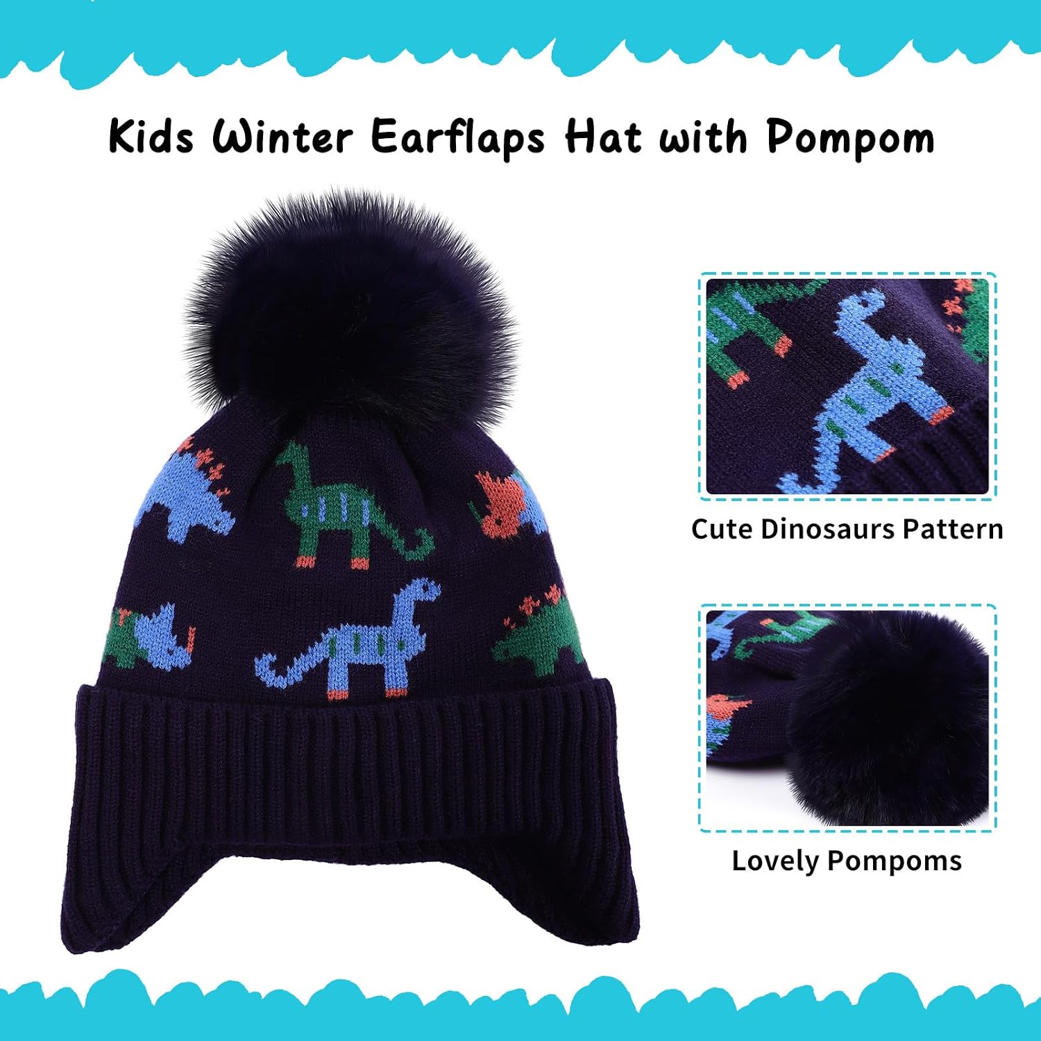 Kids Winter Hat with Ear Flaps, Toddler Boys Girls Fleece Lined Knit Beanie Colorful Pattern Pom Pom Ski Cap for 2-10Y