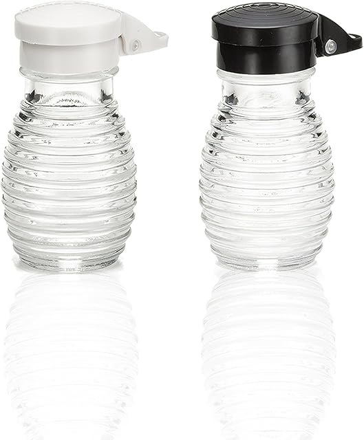 Moisture Proof Salt and Pepper Shakers, Black and White Lids Spring Loaded, No Clog, 2 Oz, Set of 2