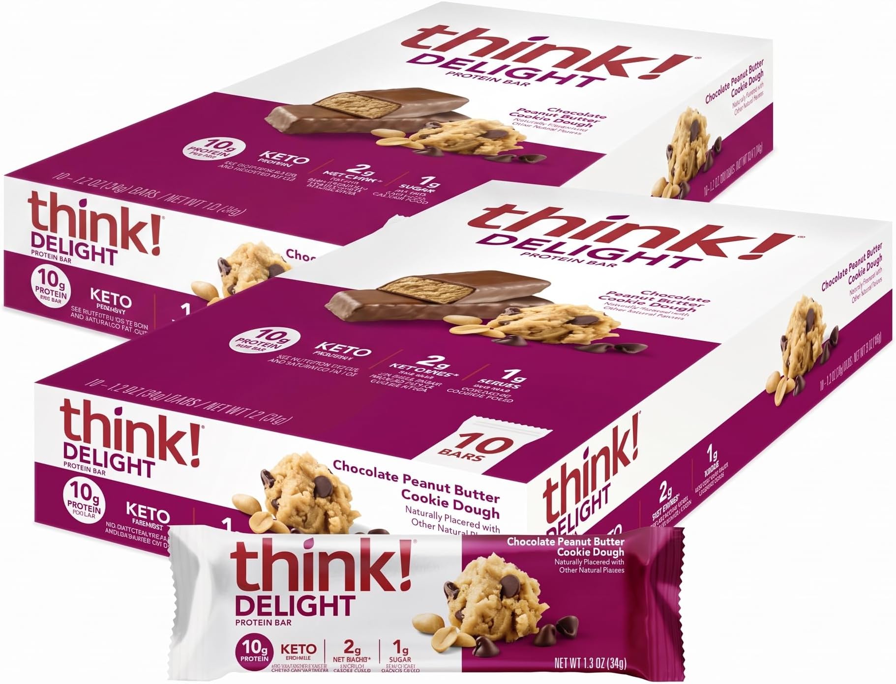 think! Delight, Keto Protein Bars, Healthy Low Carb, Gluten Free Snack - Chocolate Peanut Butter Cookie Dough, 10 Count (Packaging May Vary) (Pack of 2)