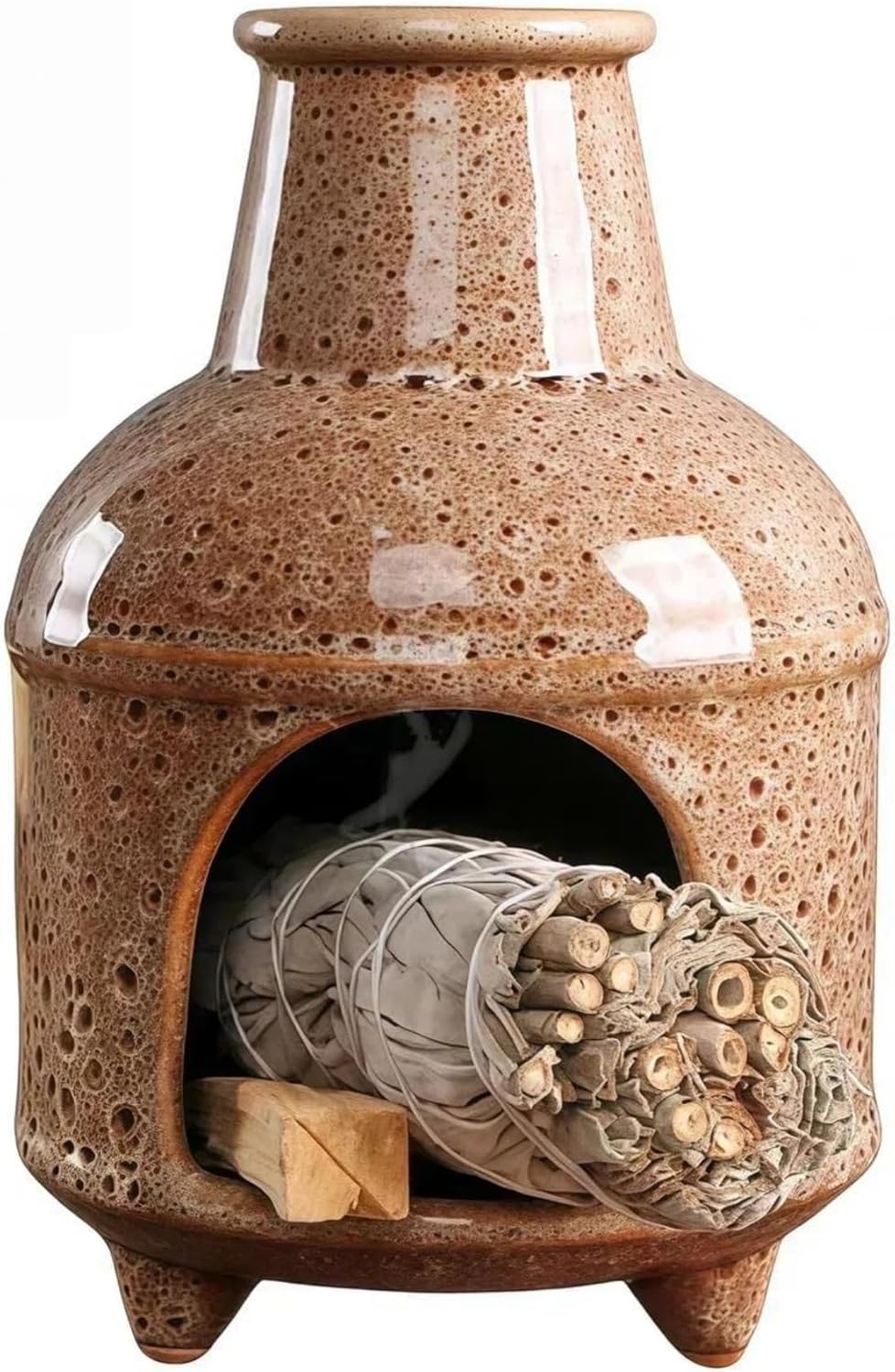 Fay Bless Handmade Ceramic Incense Burner – Blue & White Ash Catcher Tray for Palo Santo, Sage & Sticks, Decorative Chiminea Holder for Yoga, Meditation & Home Decor (Spotted Brown)