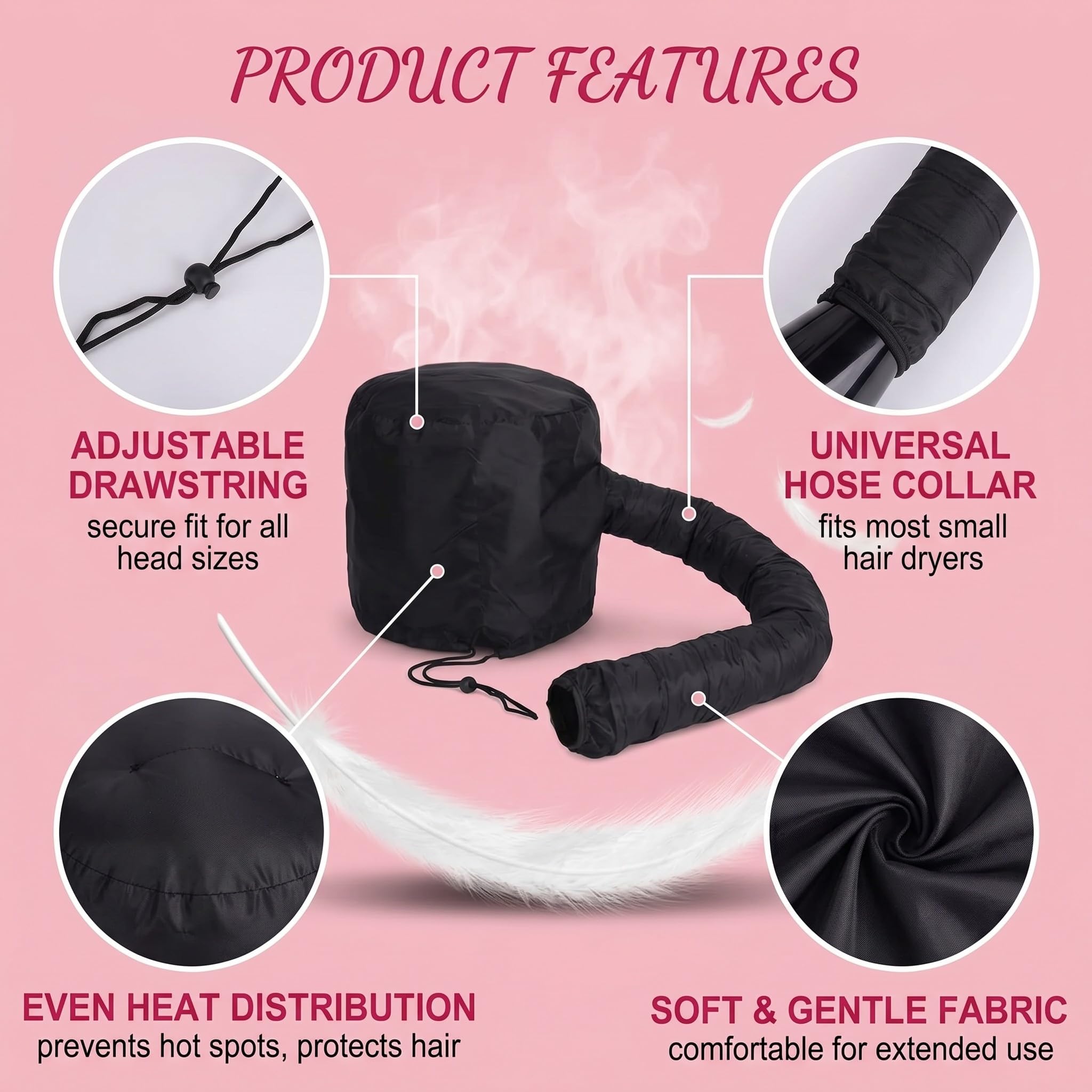 Accessori Capelli, Cuffia Asciugacapelli Per Phon, Cuffia Per Asciugare Capelli Ricci, Cuffia Asciugacapelli, Cappello Per Asciugatura Rapida, Nero, Compatibile Con Phon A Bocca Piccola