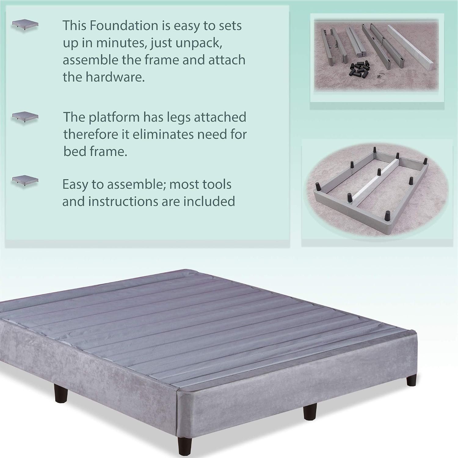 Spring Sleep 13-Inch Platform Bed for Mattress, Eliminate Need for Box Spring and Frame, Queen, Grey
