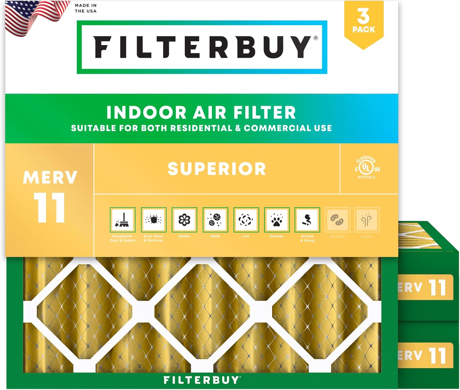 Filterbuy 13.25x13.25x4 Air Filter MERV 11 Superior Pet & Allergy Defense (3-Pack), Electrostatic Pleated HVAC AC Furnace Filters Replacement (Actual Size: 13.25 x 13.25 x 3.63)
