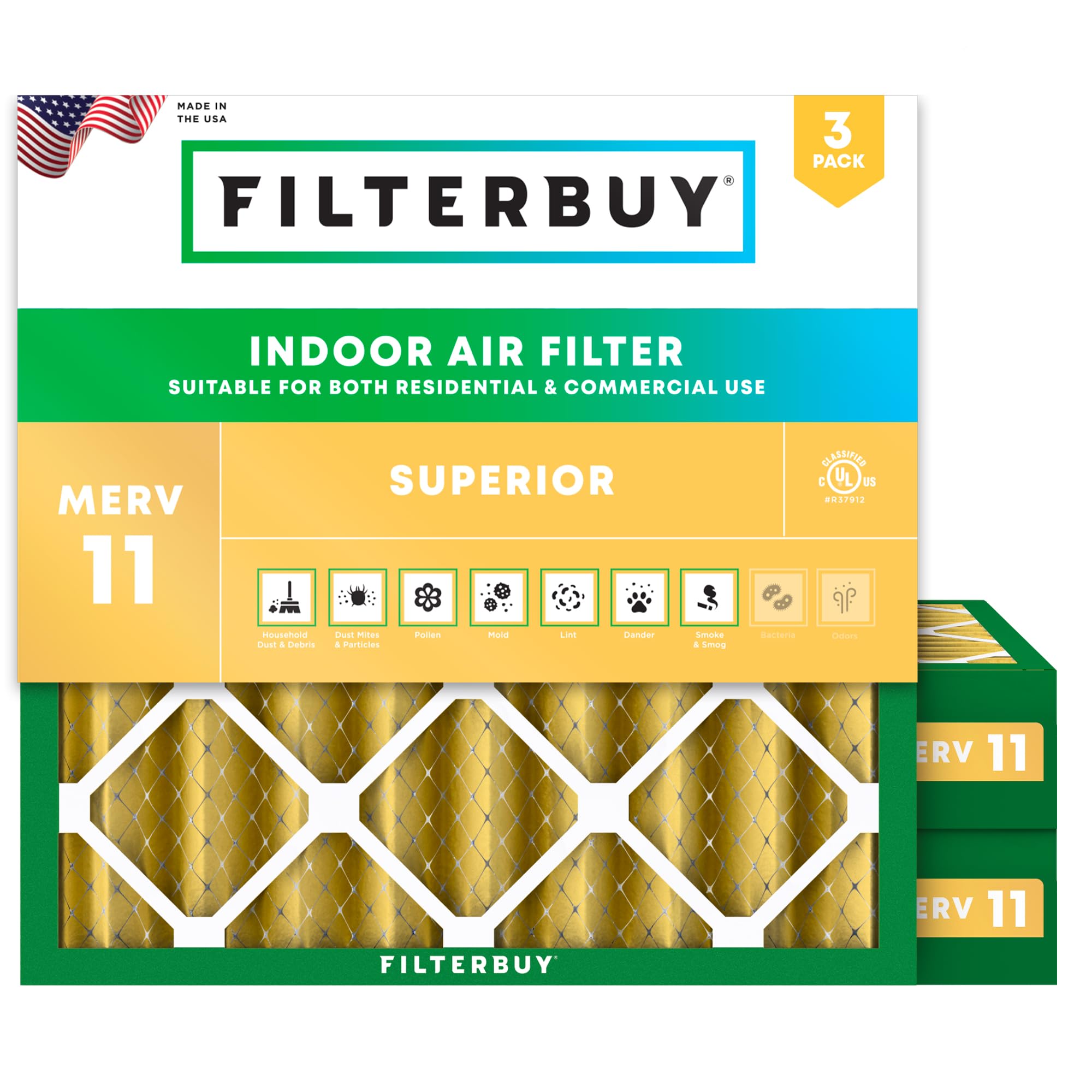 Filterbuy 20x20x4 Air Filter MERV 11 Allergen Defense (3-Pack), Pleated HVAC AC Furnace Air Filters Replacement (Actual Size: 19.50 x 19.50 x 3.63 Inches)