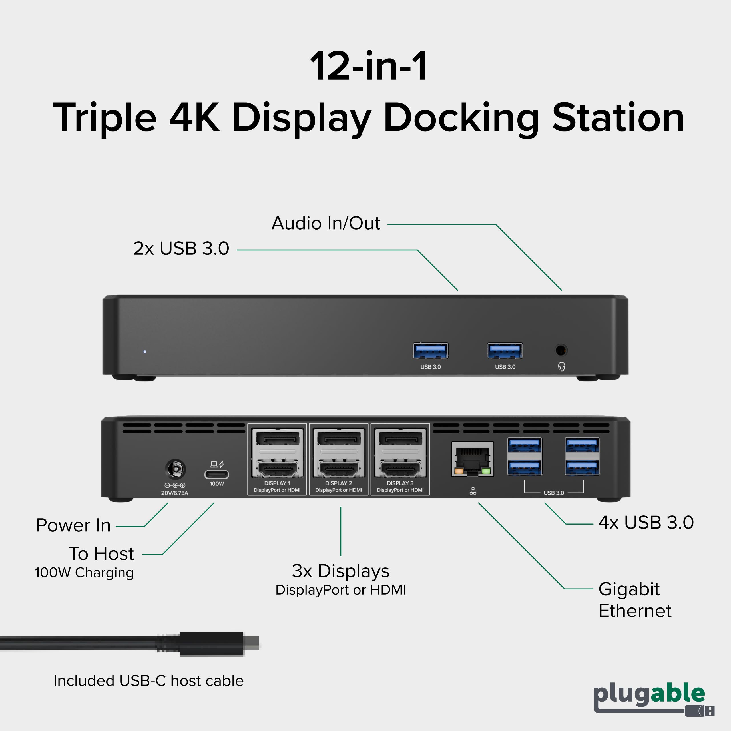 Plugable 12-in-1 USB C Triple Monitor Docking Station, 100W Charging — Amazon image 2