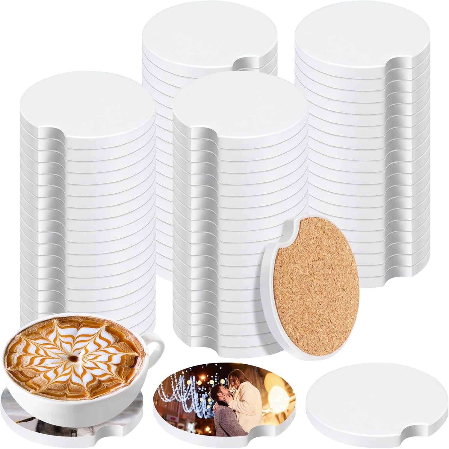 80 Pcs Sublimation Coasters Blanks Ceramic Car Coasters Sublimation Blanks Bulk DIY Personalized Ceramic Coasters Blanks 2.6'' Round Car Cup Coasters with Cork Back for Crafts