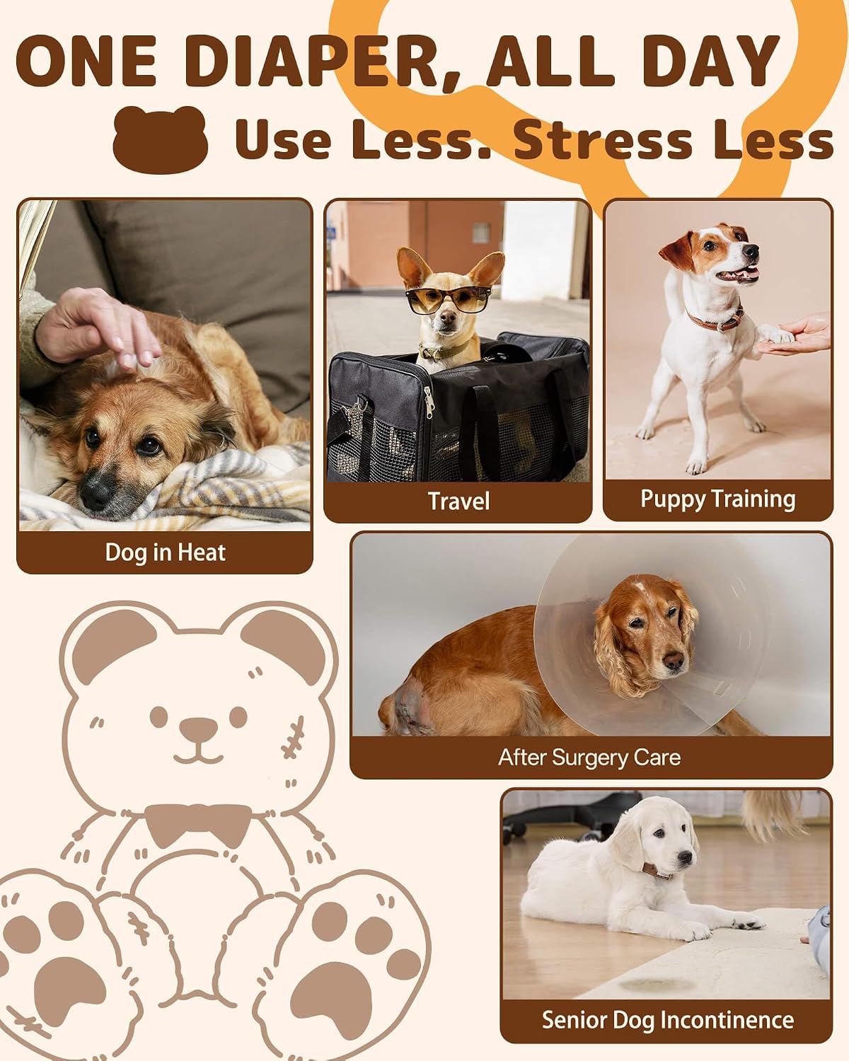 Dono Disposable Dog Diapers Female - 360° Elastic Waist Pull It Up Puppy Diapers for Peeing, Heat, Training, Incontinence, Super Absorbent Leak-Proof Doggie Diapers with Tail Hole, S, 20-60PCS