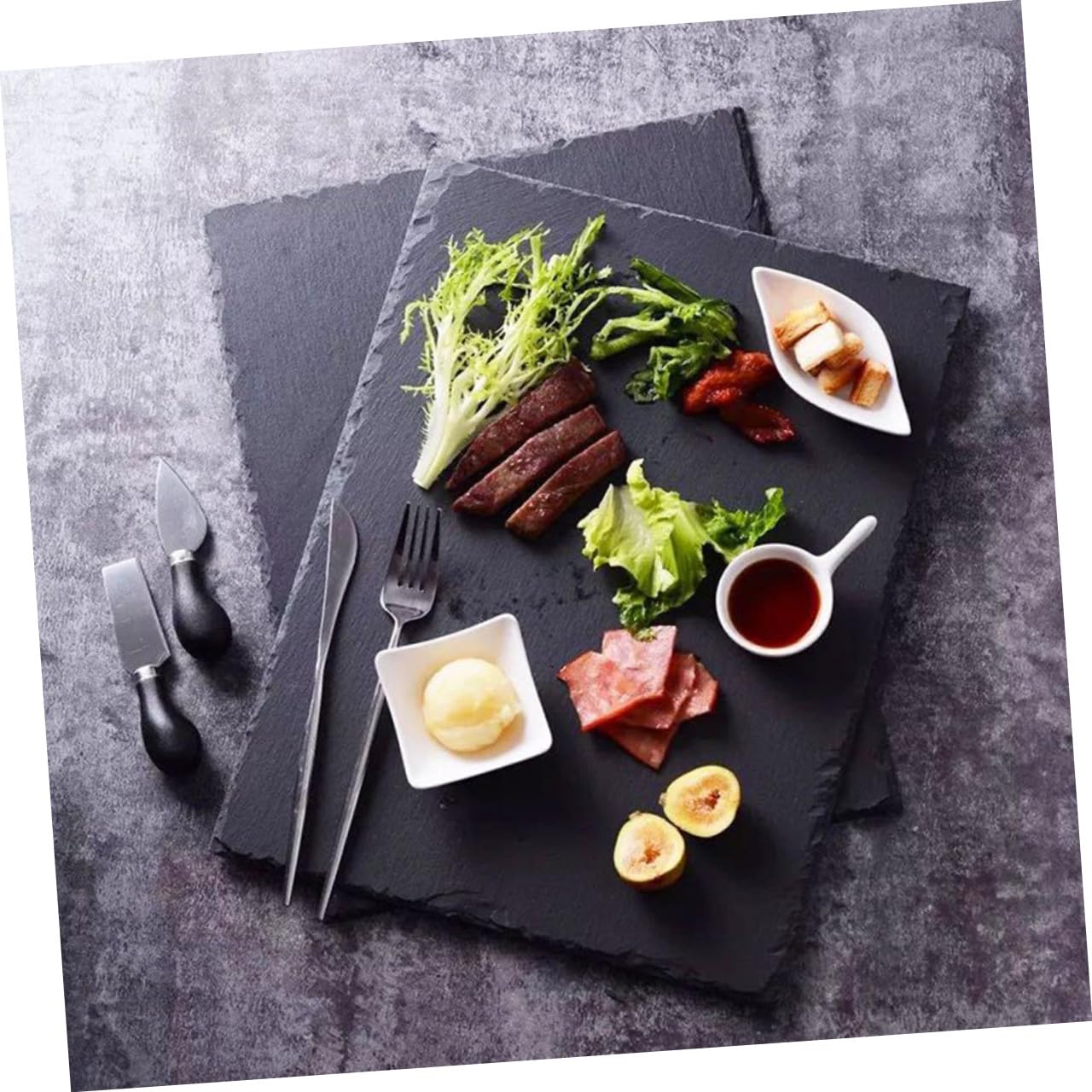Assiette à Sushis en Ardoise Naturelle Noire, Lot de 4, Rectangulaire