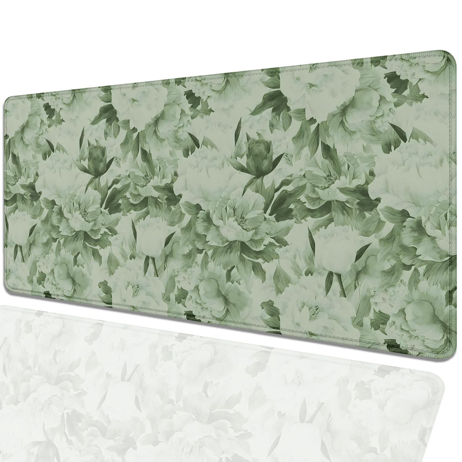 Tappetino Mouse Da Gioco XL 80x30 Cm – Motivo Retrò Piante Verde Oliva, Bordi Cuciti E Base Antiscivolo, Per Tastiera E Mouse