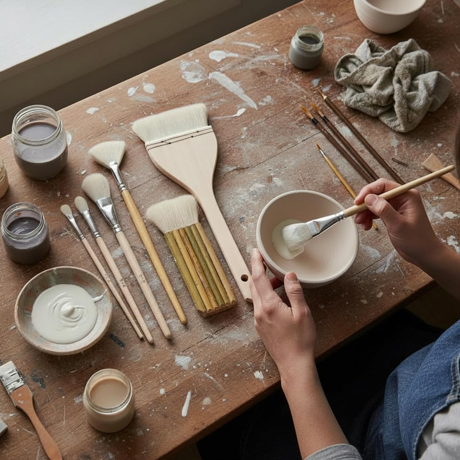 12 PCS Pottery Glaze Brushes Set with Goat Hair & Hake Brush,Professional Soft Bristle for Ceramic, Pottery, Clay, Acrylic Painting
