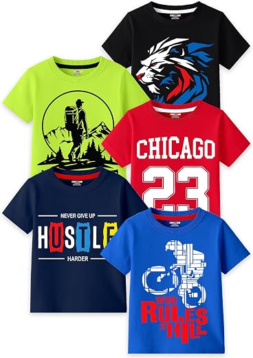 Kuchipoo Boys Cotton Printed T-Shirts | Half Sleeve Round Neck | Soft &amp; Comfortable Casual Wear for Kids | Pack of 5