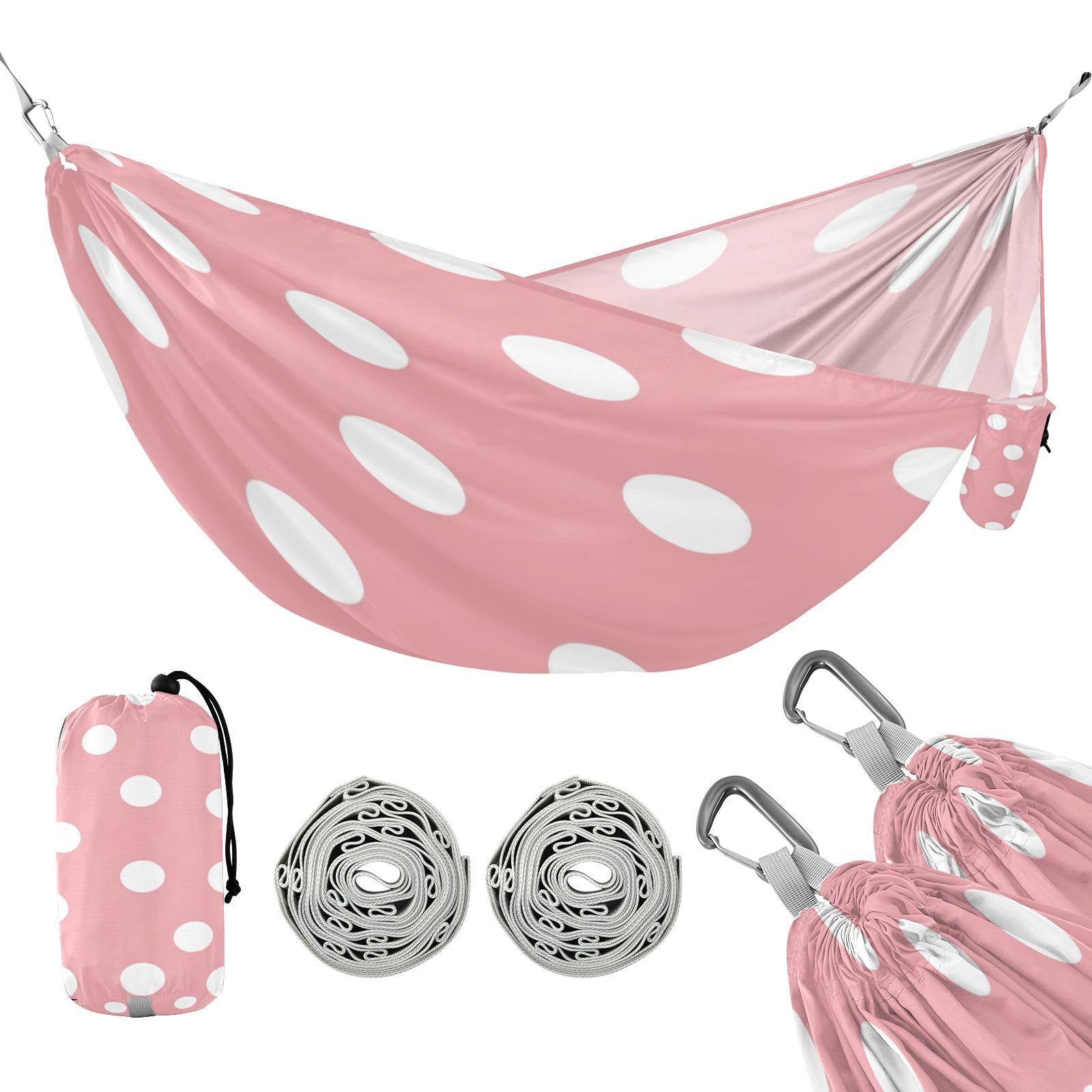 Haskirky Cute Polka Dots Camping Hammock, Single Portable Hammocks with Tree Straps & Attached Carry Bag, 330Lbs Capacity Perfect for Outside Indoor Hiking Beach Backpack Travel