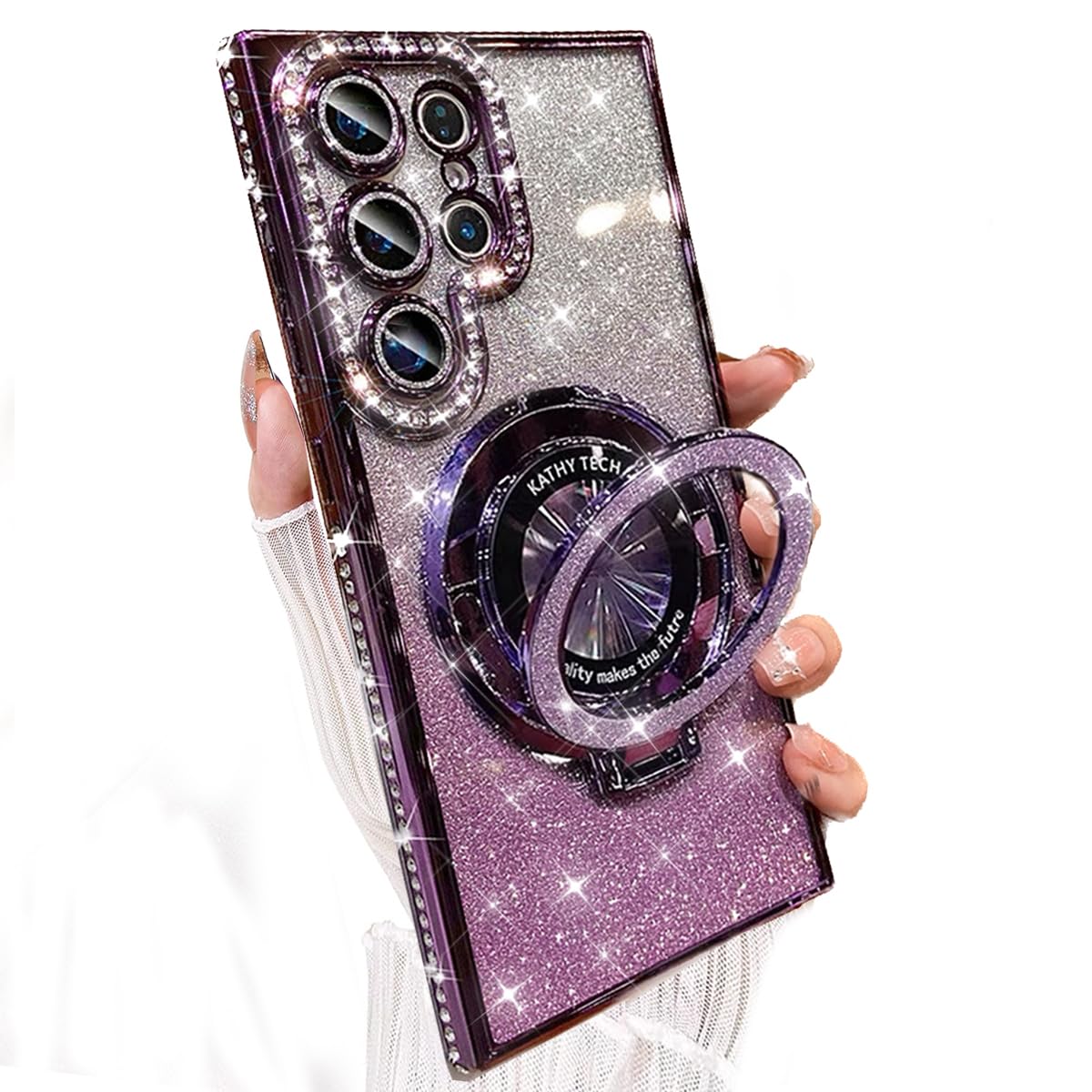 AuroiCCY Magnetic Glitter Case for Samsung Galaxy S25 Ultra, [Compatible with MagSafe] Kickstand Girly Woman Cute Bling Rhinestone Camera Lens