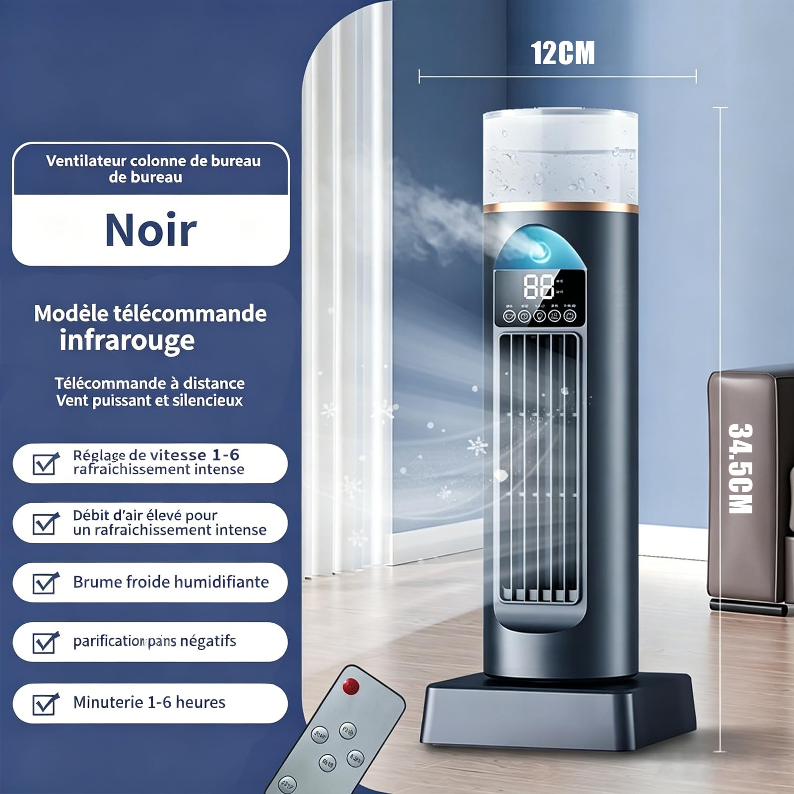 Générique Ventilateur Colonne Rafraîchissant avec Brumisateur, Silencieux 6 Vitesses Télécommande, Oscillation 110° USB Rechargeable, Réservoir d'Eau 230 ml – Pour Bureau Chambre Salon (Noir)