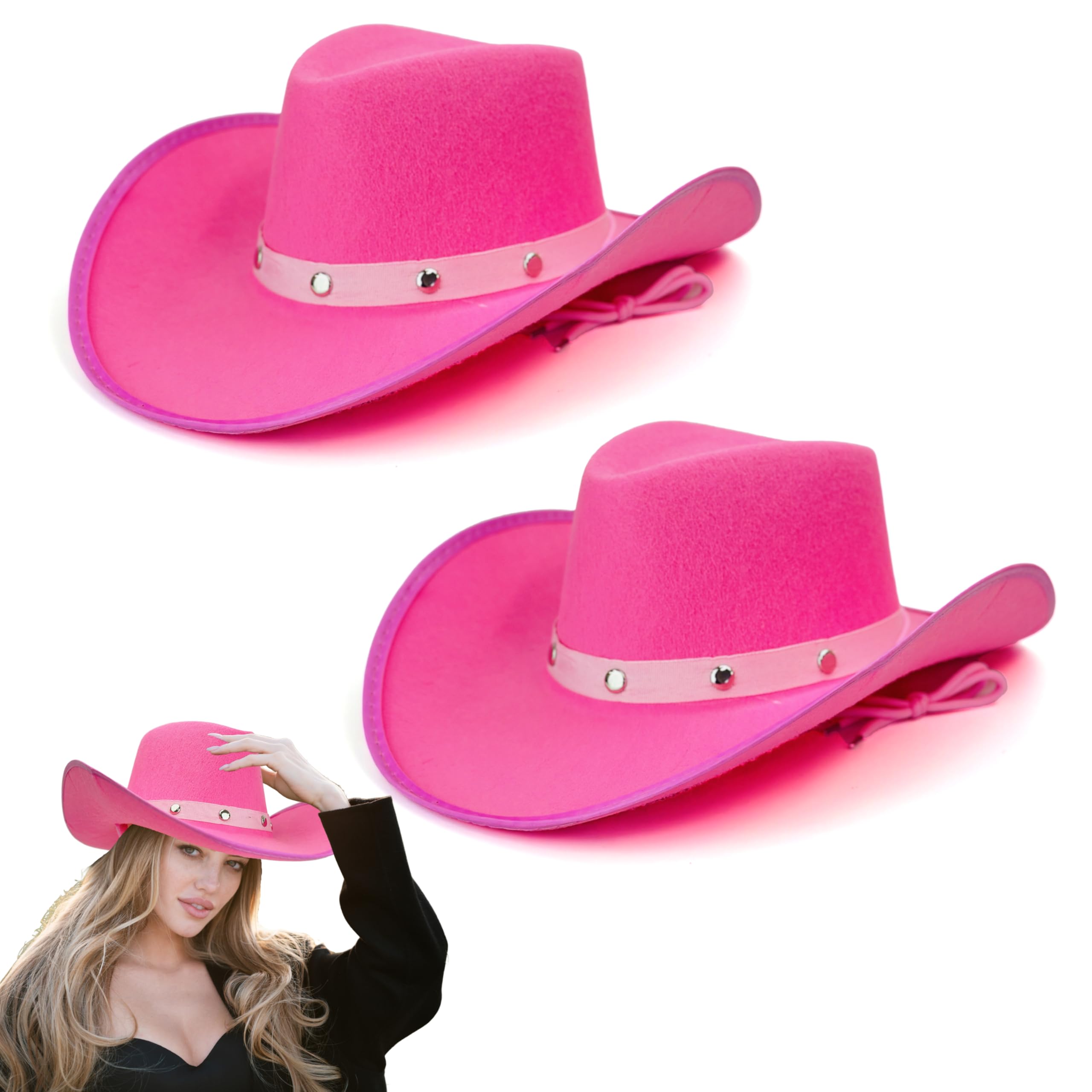 Lizzy 2 x Pink Cowboy Hat with Silver Studs and Cord (Adult) | Girls Wide Brim Wild West Western Sheriff Womens hat Halloween Cow Girl Hats Costume for Fancy Dress Accessories (2)